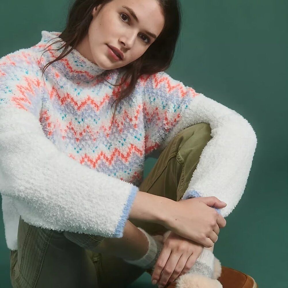 Anthropologie Pilcro Selene Sweater Aztec Rainbow Multi Color Relaxed sz XXS NWT